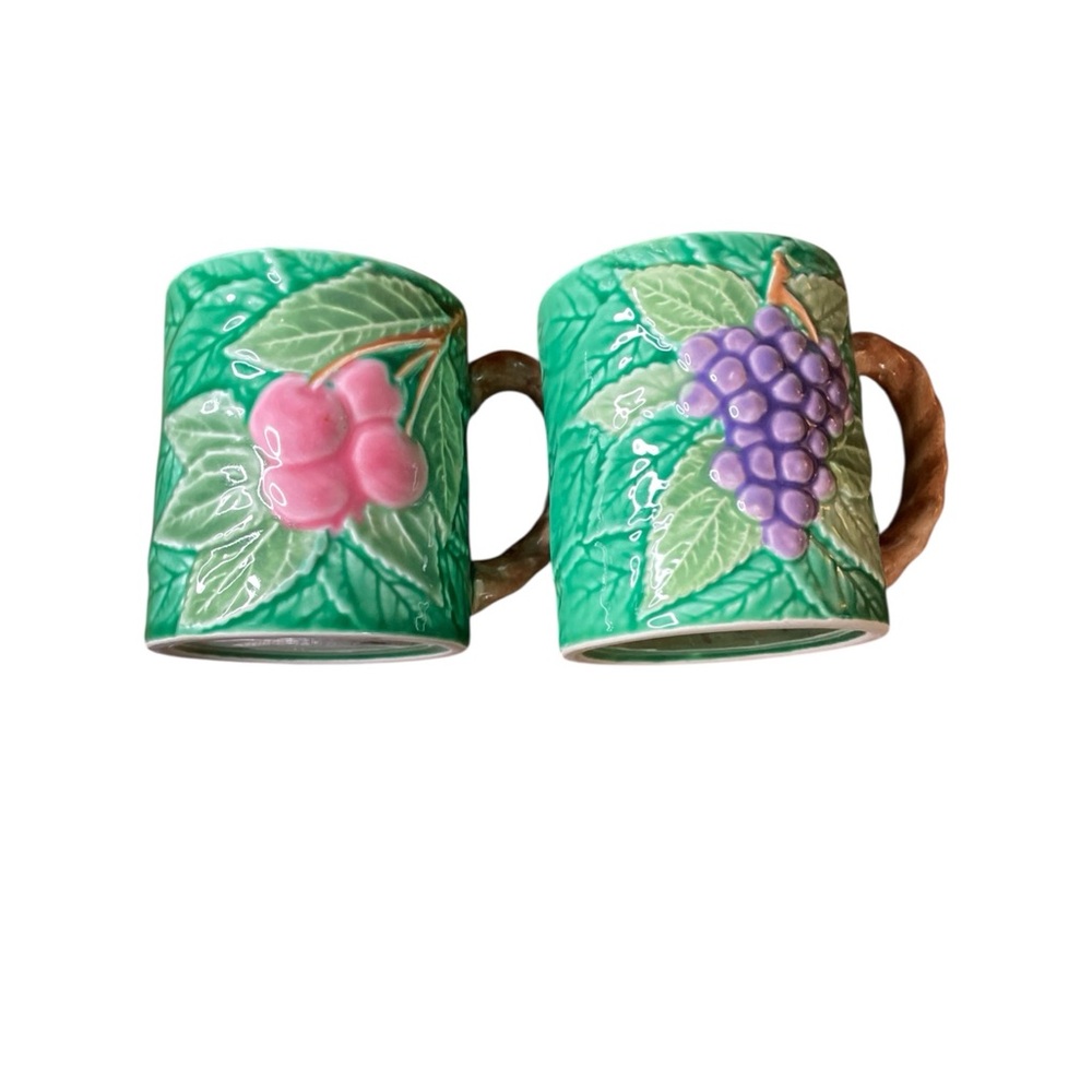 Vintage 80s Lord & Taylor Green Ceramic Mugs with Pink and Purple Fruit Design